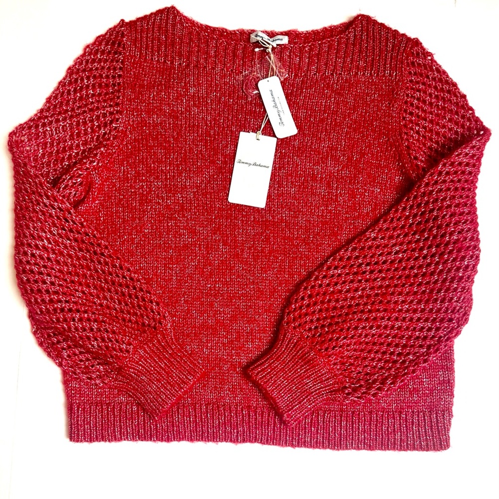 Tommy Bahama Wool Blend Shimmer Ballon Sleeve Tango Red Sweater size Large NWT - Picture 2 of 10